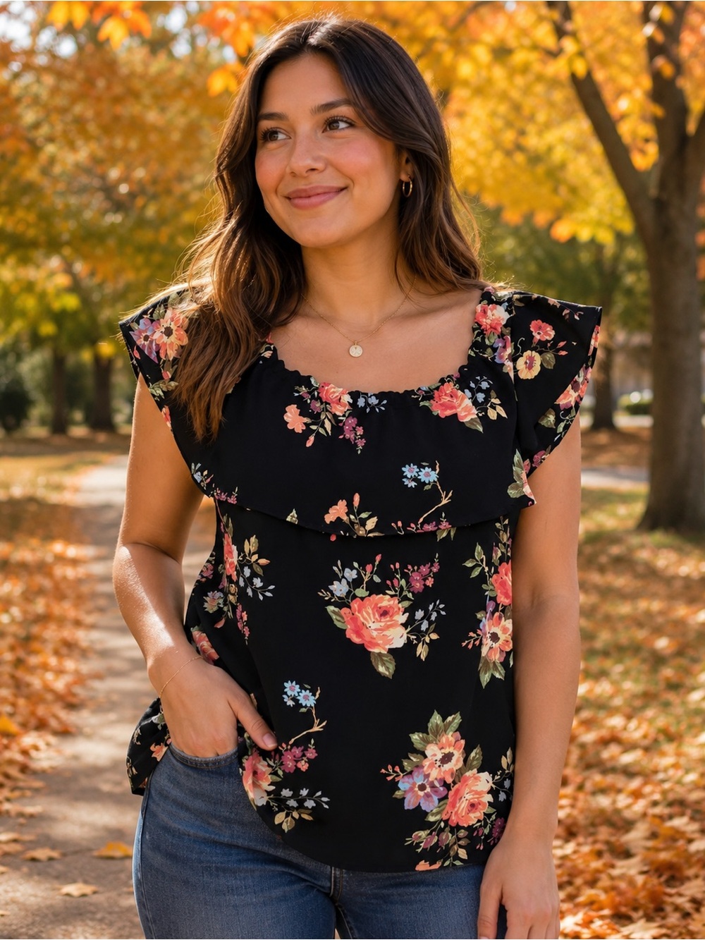 Monteau Los Angeles Black & Orange Floral Ruffel Top Size Medium
